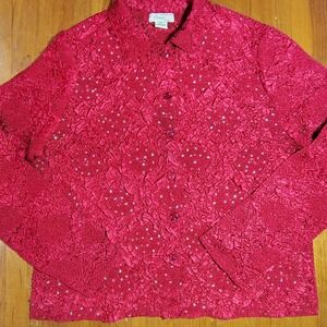 Choices Petite Women's Red Textured Button Up Shirt Sequins PL Christmas party